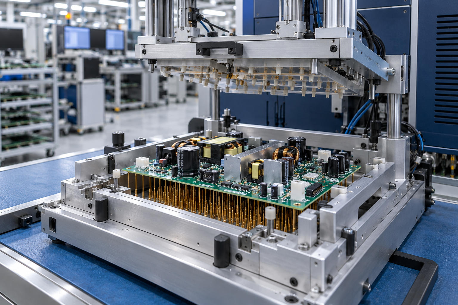cover-ict-testing Illustration of a printed circuit board in an in-circuit testing (ICT) fixture